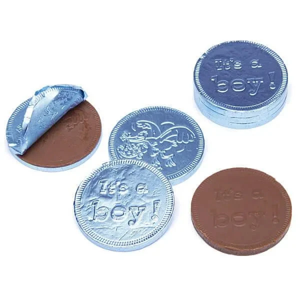 Blue Foiled Baby Boy Milk Chocolate Coins: 1LB Bag 3 Blue Foiled Baby Boy Milk Chocolate Coins: 1LB Bag