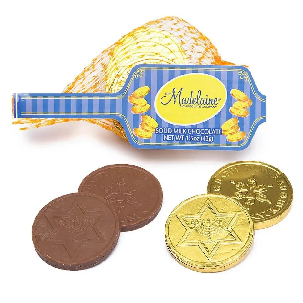 Madelaine Chanukah Gelt Gold Foiled Milk Chocolate Coins In Mesh Bags: 24-Piece Tub 3 Madelaine Chanukah Gelt Gold Foiled Milk Chocolate Coins In Mesh Bags: 24-Piece Tub