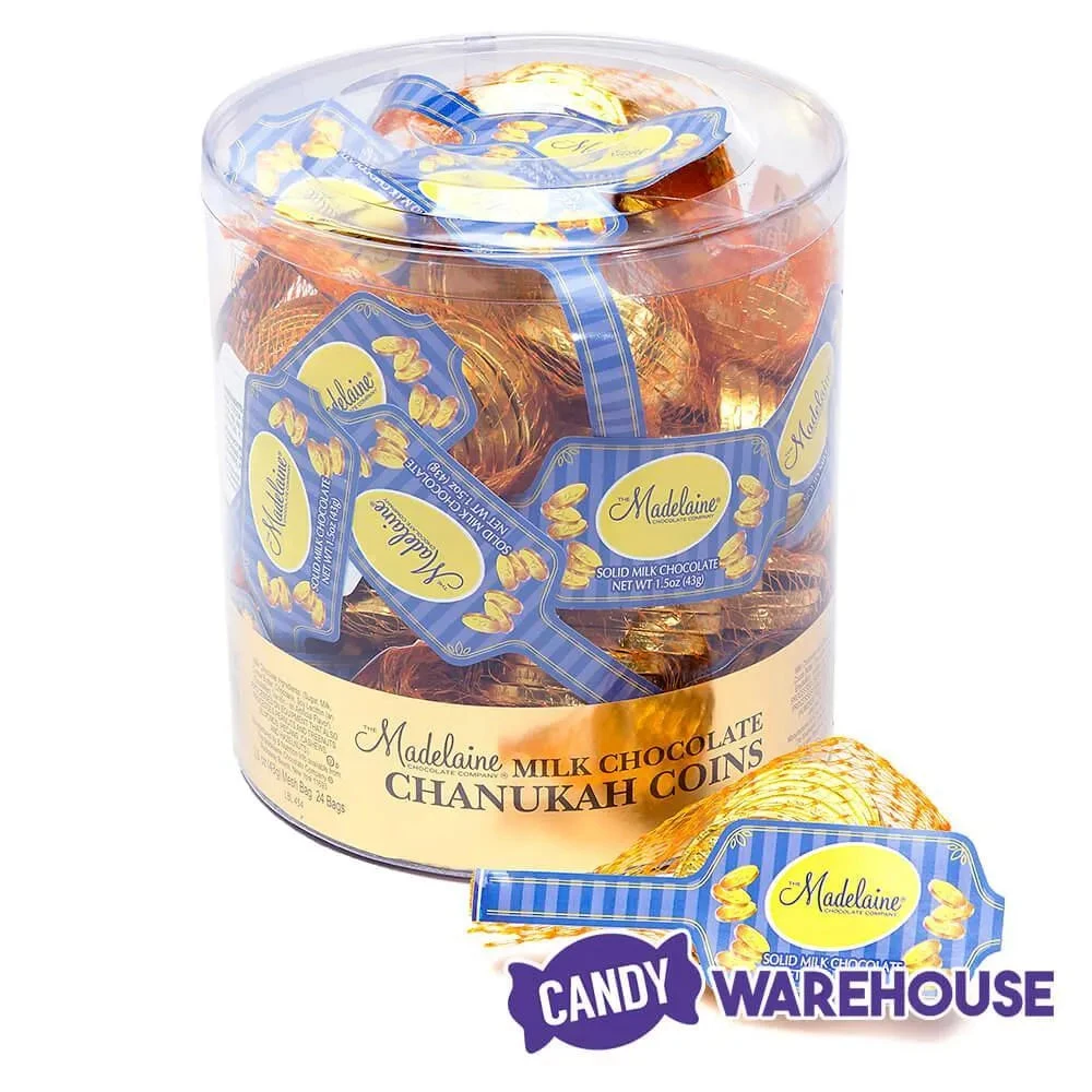 Madelaine Chanukah Gelt Gold Foiled Milk Chocolate Coins In Mesh Bags: 24-Piece Tub 4 Madelaine Chanukah Gelt Gold Foiled Milk Chocolate Coins In Mesh Bags: 24-Piece Tub - Image 2